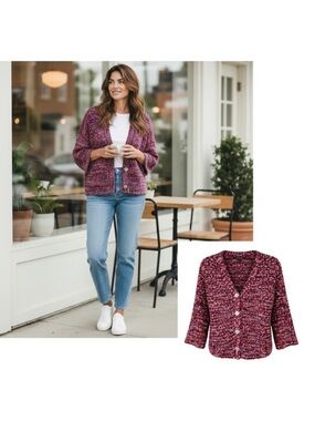 Marc New York Confetti Bouclé Oversized Cardigan Burgundy Multi Women Medium NWT
